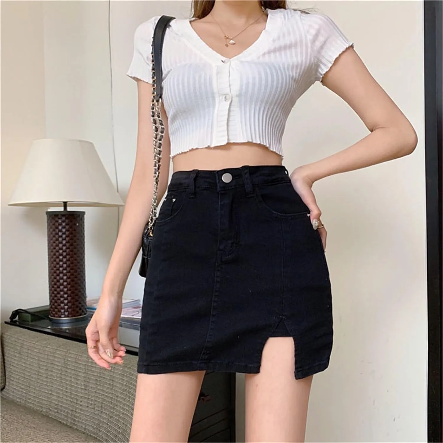 BloomySkorts Jean Skorts for Woman, Summer High Waisted Casual Mini Stretchy Side Split Zip Fly Denim Skirt