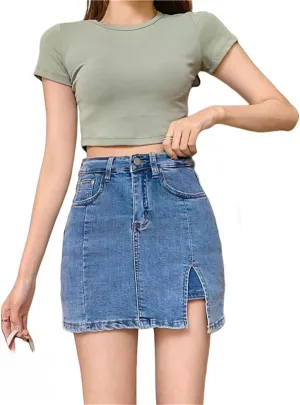 BloomySkorts Jean Skorts for Woman, Summer High Waisted Casual Mini Stretchy Side Split Zip Fly Denim Skirt