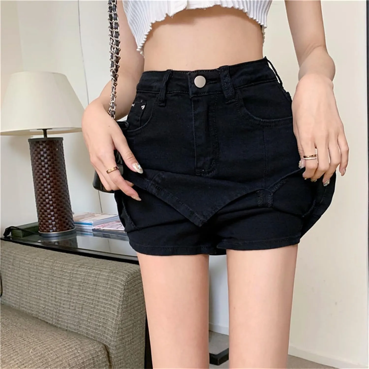 BloomySkorts Jean Skorts for Woman, Summer High Waisted Casual Mini Stretchy Side Split Zip Fly Denim Skirt