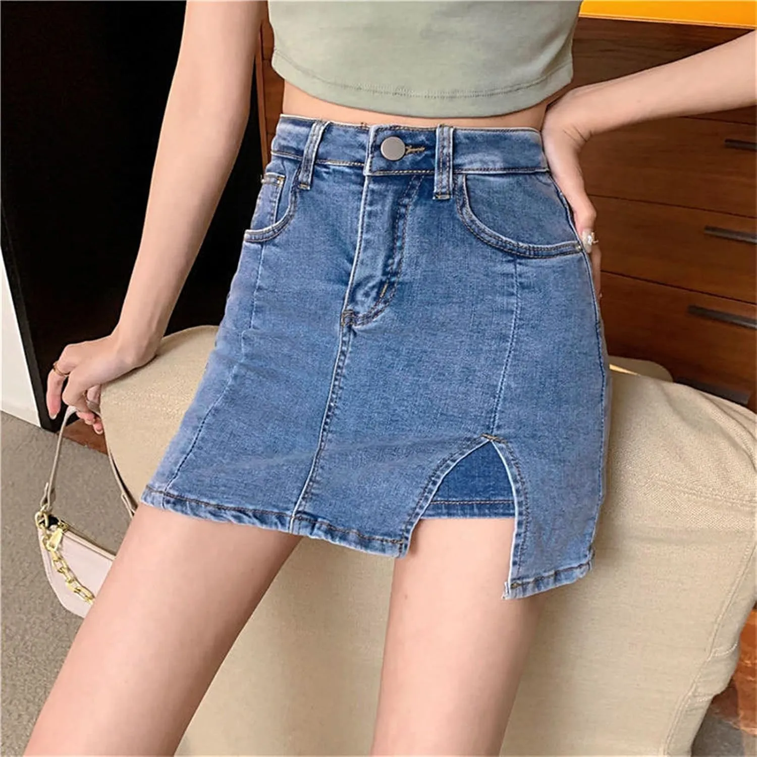 BloomySkorts Jean Skorts for Woman, Summer High Waisted Casual Mini Stretchy Side Split Zip Fly Denim Skirt