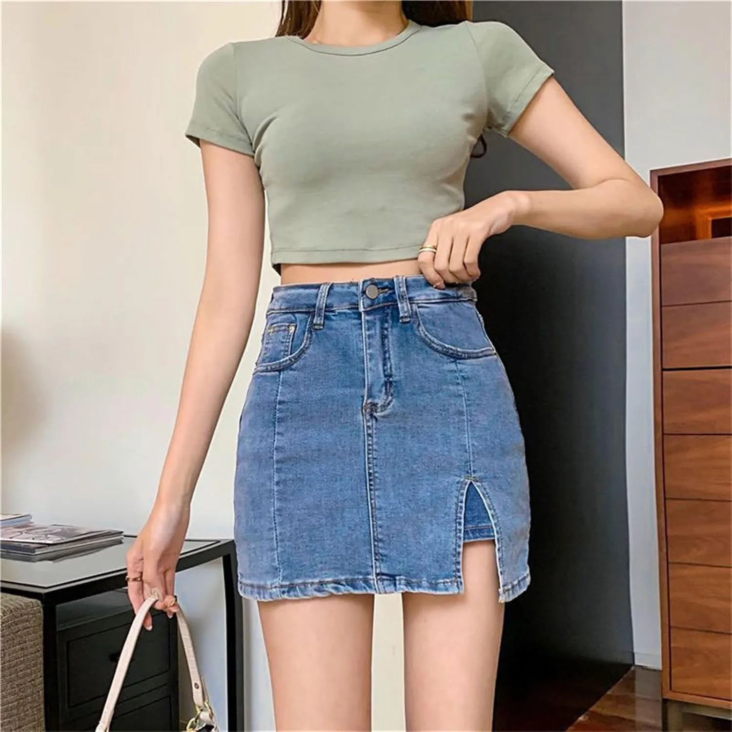 BloomySkorts Jean Skorts for Woman, Summer High Waisted Casual Mini Stretchy Side Split Zip Fly Denim Skirt