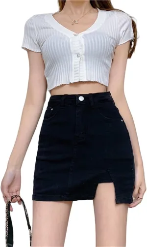 BloomySkorts Jean Skorts for Woman, Summer High Waisted Casual Mini Stretchy Side Split Zip Fly Denim Skirt
