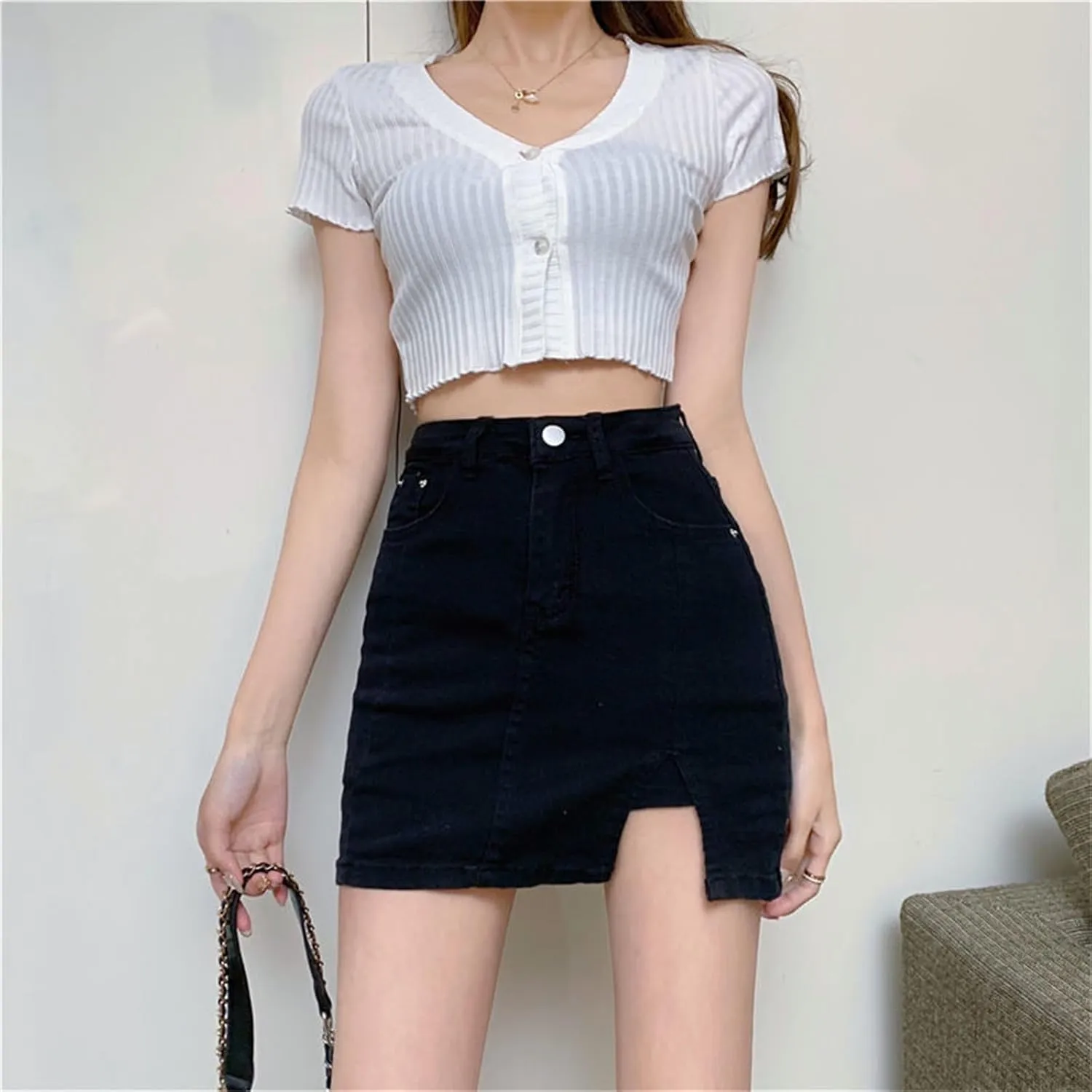 BloomySkorts Jean Skorts for Woman, Summer High Waisted Casual Mini Stretchy Side Split Zip Fly Denim Skirt