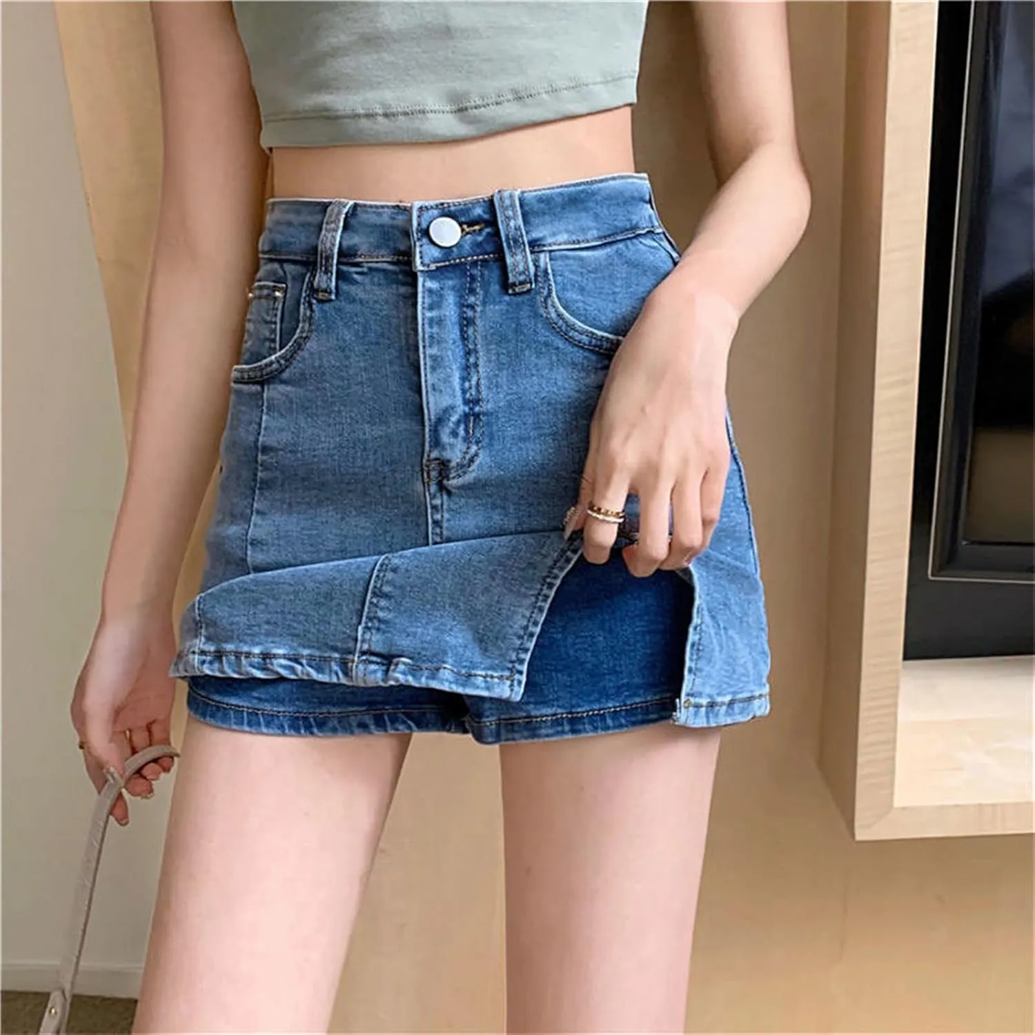 BloomySkorts Jean Skorts for Woman, Summer High Waisted Casual Mini Stretchy Side Split Zip Fly Denim Skirt