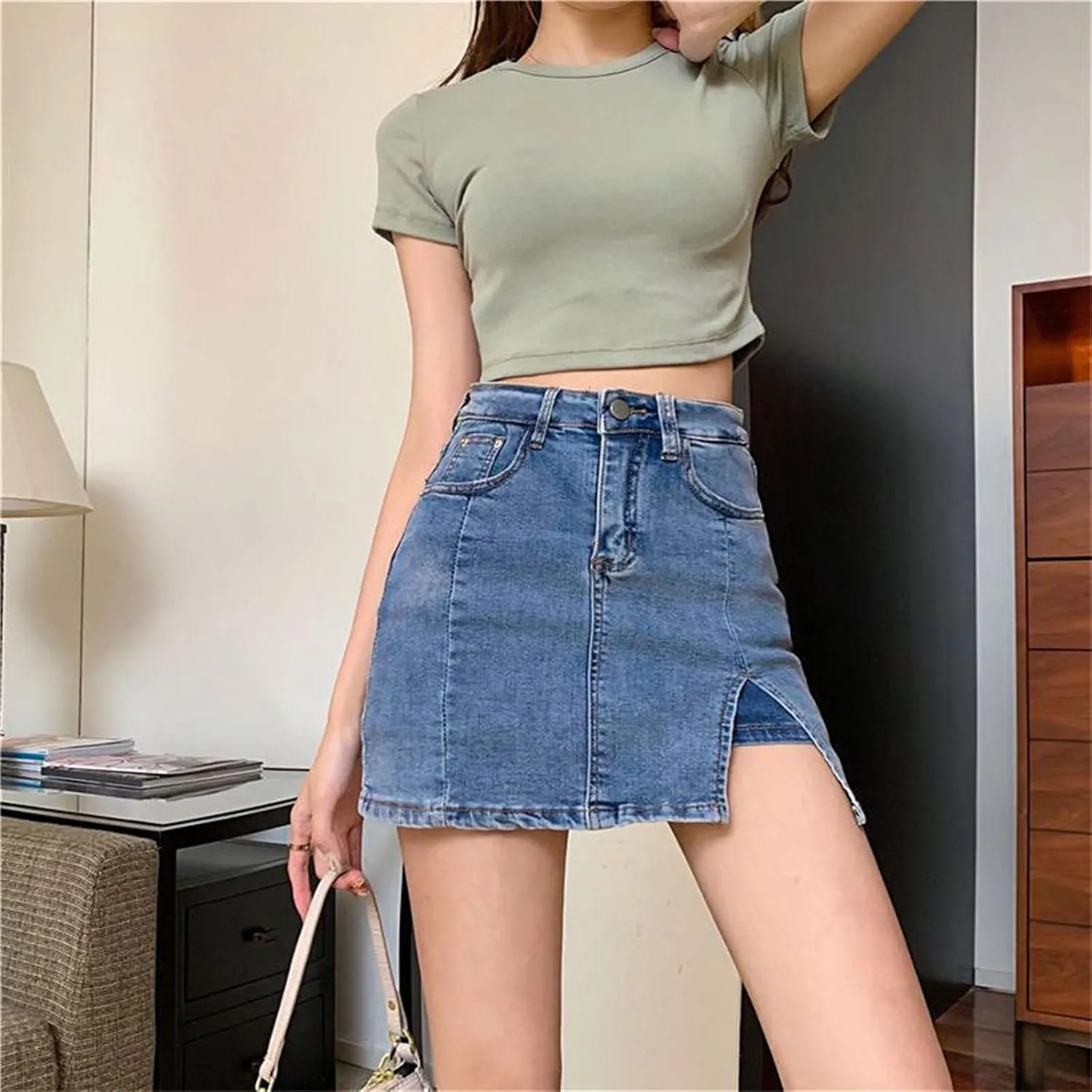 BloomySkorts Jean Skorts for Woman, Summer High Waisted Casual Mini Stretchy Side Split Zip Fly Denim Skirt