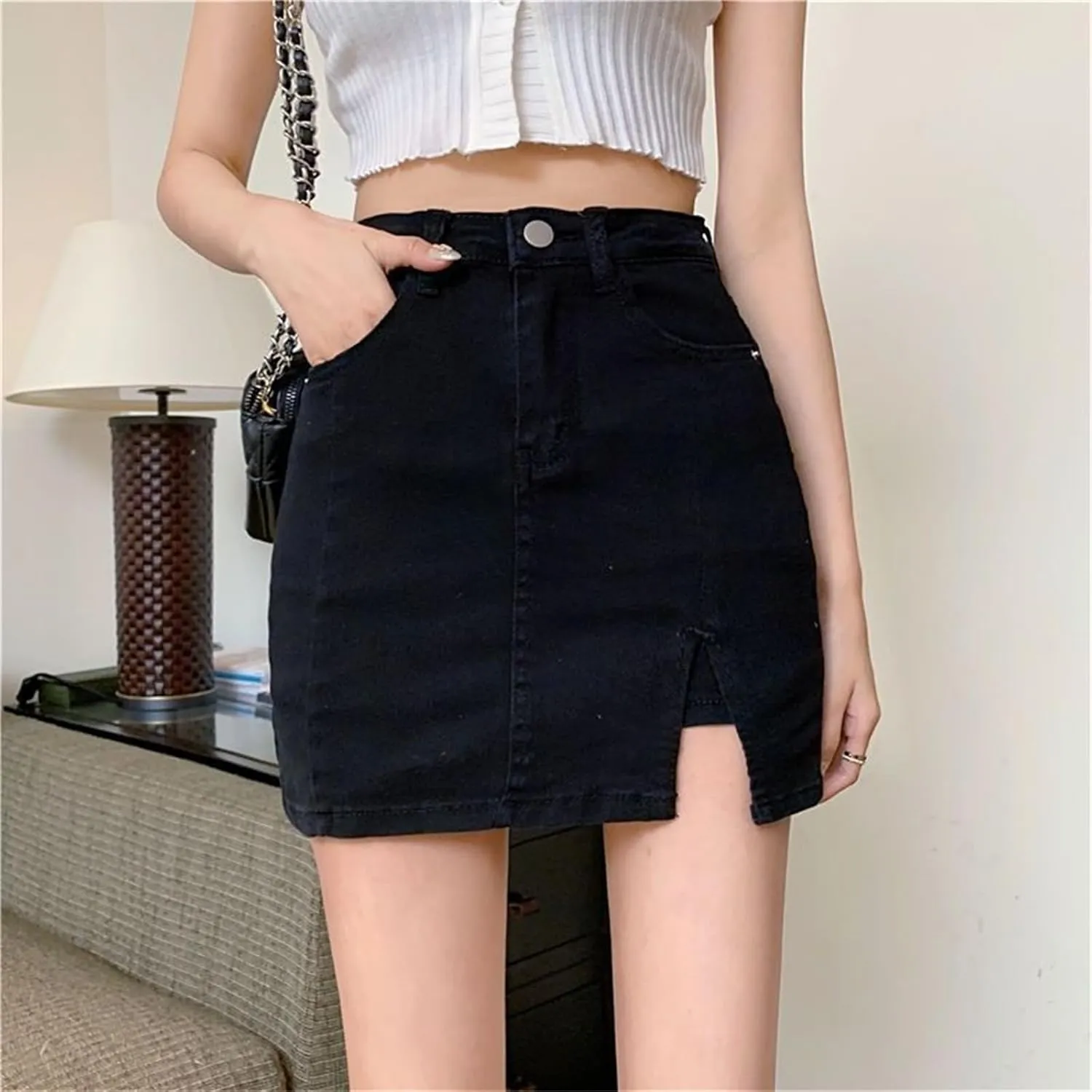 BloomySkorts Jean Skorts for Woman, Summer High Waisted Casual Mini Stretchy Side Split Zip Fly Denim Skirt
