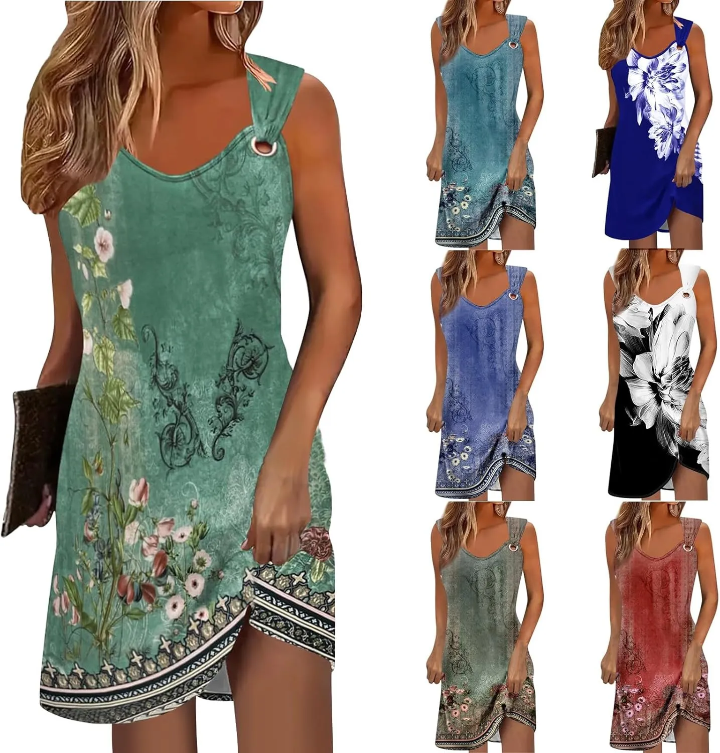Boho Dresses for Women 2025 Summer Floral Print Slip Dress Ruched Going Out Mini Dress Sleeveless Beach Sundress