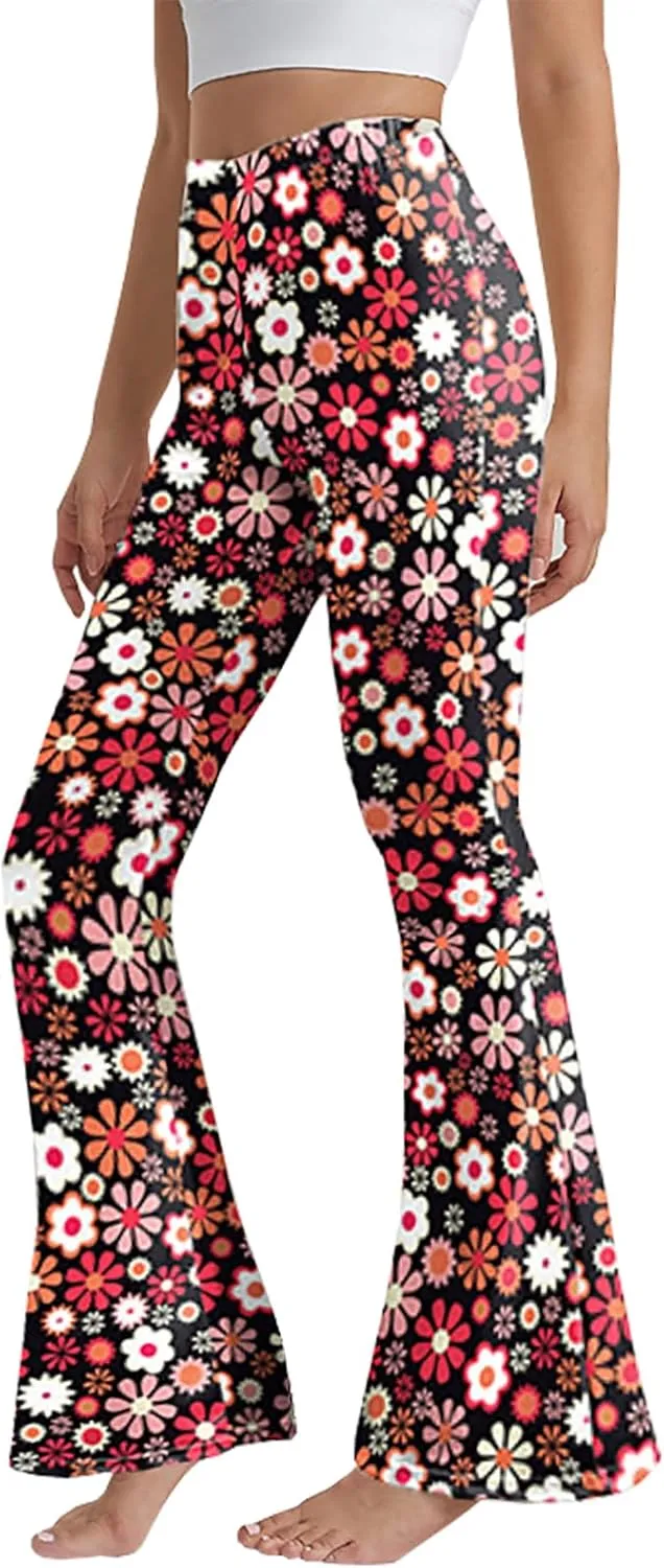 Boho Flare Leggings Yoga Pants for Women Patterned High Waisted Stretch Palazzo Pants Wide Leg Bell Bottom Leggings