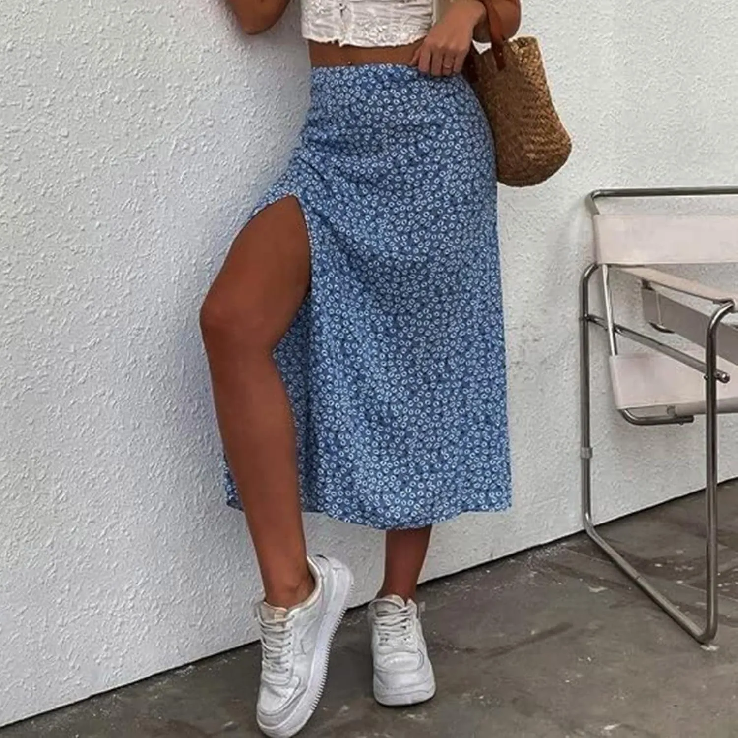 Boho Split Skirts for Women Floral Print Thigh Slit Swing High Waist A Line Midi Skirt Sexy Flared Summer Beach Skirt