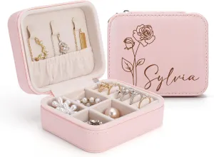 Bridesmaid Proposal Gifts Custom Leather Jewelry Box Birth Flower Travel Jewelry Case Ring Box Personalized Jewelry Organizer Wedding Bachelorette Gifts for Women Girls (Pink)