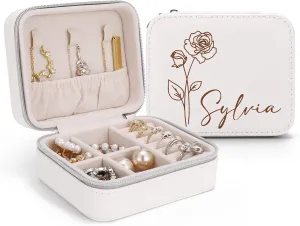Bridesmaid Proposal Gifts Custom Leather Jewelry Box Birth Flower Travel Jewelry Case Ring Box Personalized Jewelry Organizer Wedding Bachelorette Gifts for Women Girls (White)