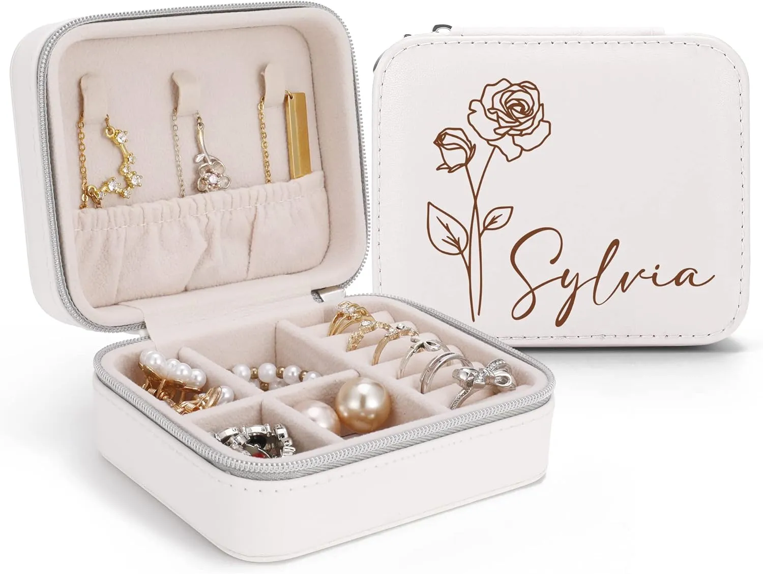 Bridesmaid Proposal Gifts Custom Leather Jewelry Box Birth Flower Travel Jewelry Case Ring Box Personalized Jewelry Organizer Wedding Bachelorette Gifts for Women Girls (White)
