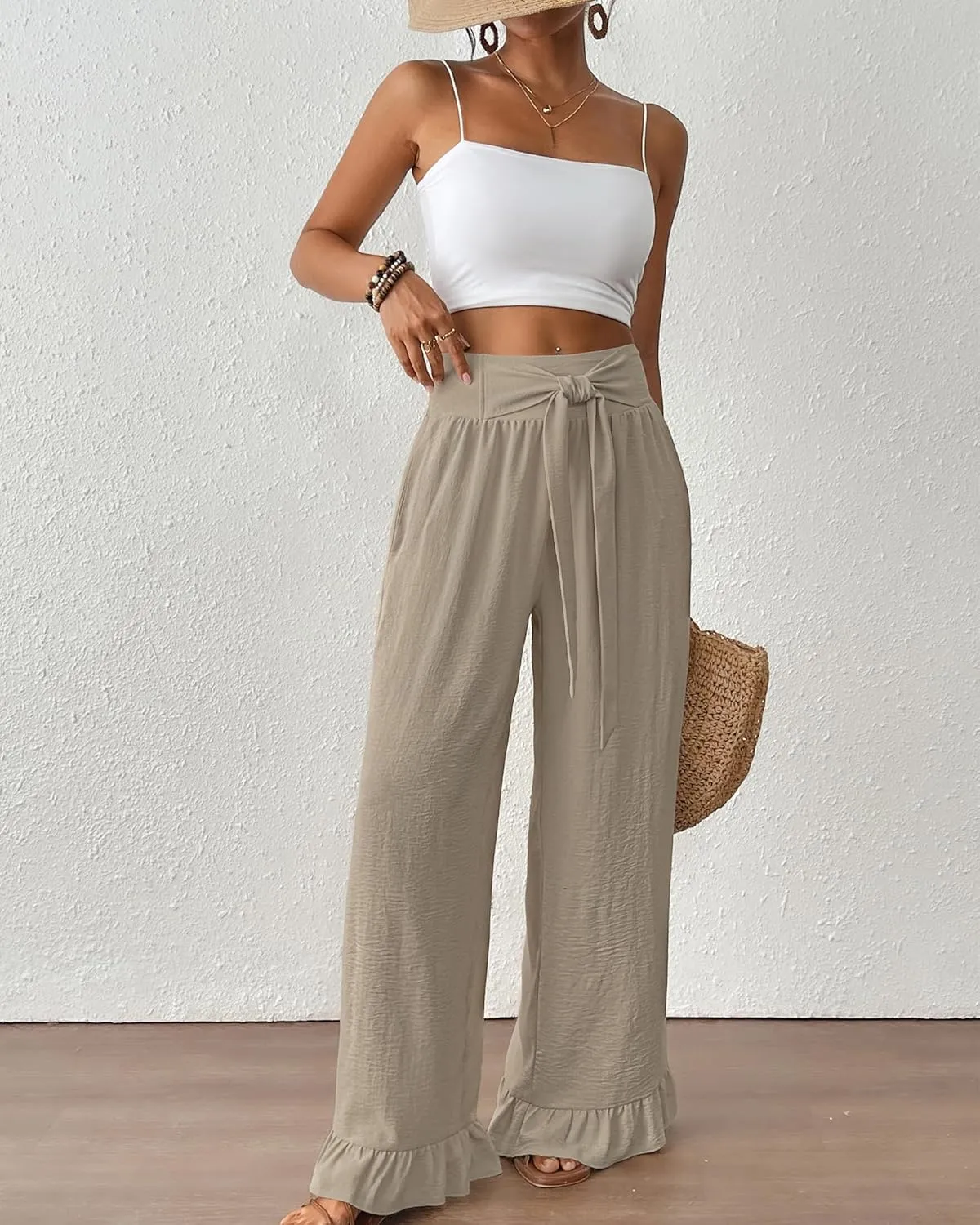 Bsubseach Wide Leg Palazzo Pants for Women High Waist Casual Lounge Trousers Beach Flowy Summer Outfits