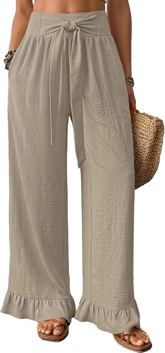 Bsubseach Wide Leg Palazzo Pants for Women High Waist Casual Lounge Trousers Beach Flowy Summer Outfits