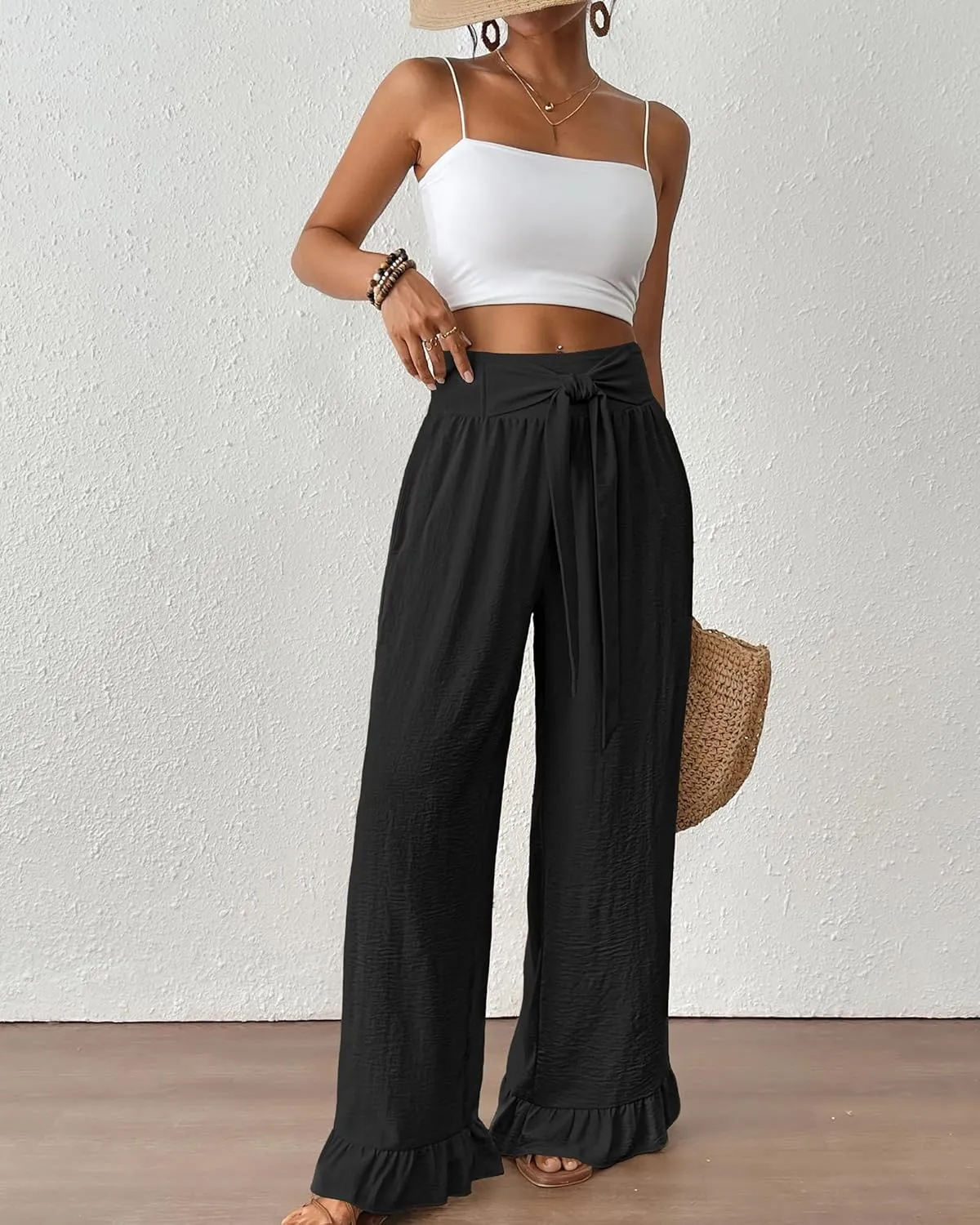 Bsubseach Wide Leg Palazzo Pants for Women High Waist Casual Lounge Trousers Beach Flowy Summer Outfits