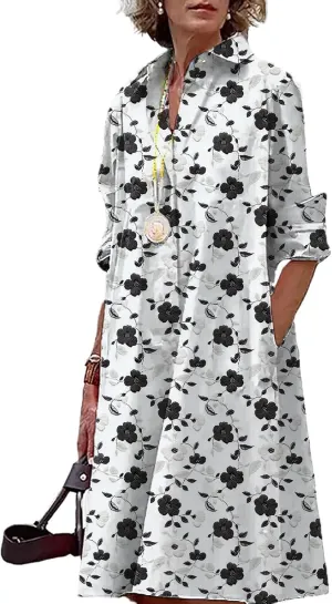 Button Down Shirt Dress for Women Floral Long Sleeve Collared A Line 2025 Summer Fashion Trendy Casual Midi Dress