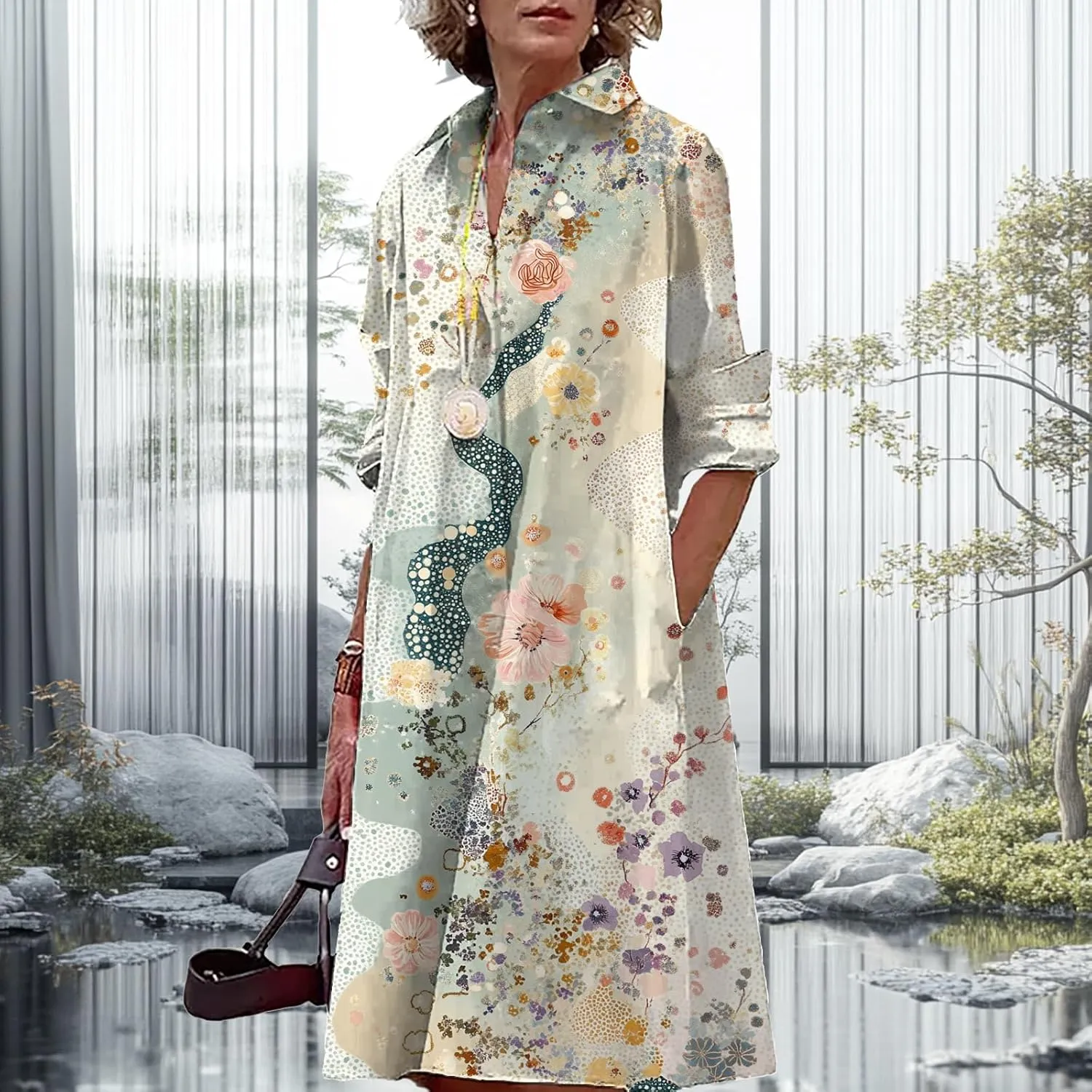 Button Down Shirt Dress for Women Floral Long Sleeve Collared A Line 2025 Summer Fashion Trendy Casual Midi Dress