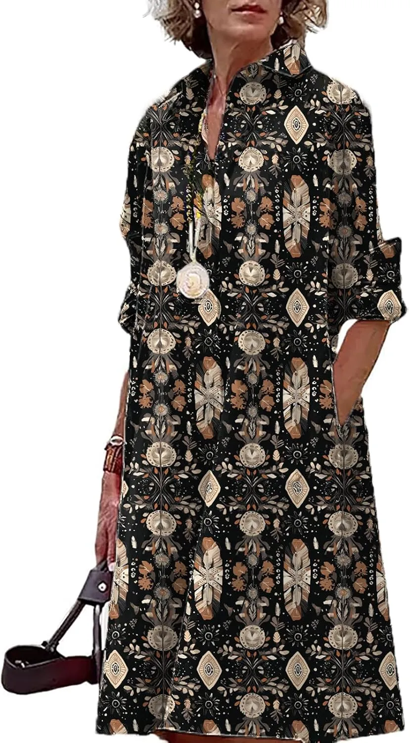 Button Down Shirt Dress for Women Floral Long Sleeve Collared A Line 2025 Summer Fashion Trendy Casual Midi Dress