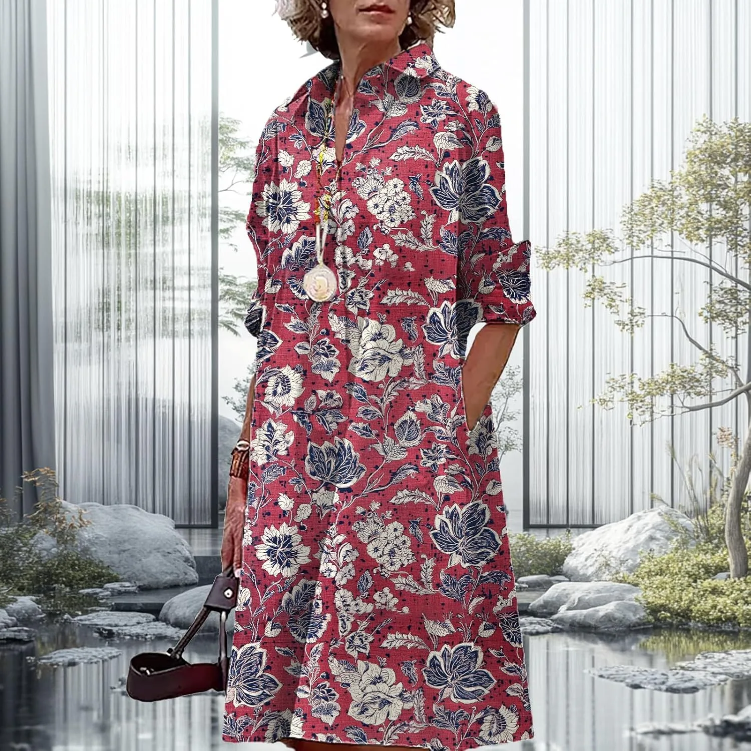 Button Down Shirt Dress for Women Floral Long Sleeve Collared A Line 2025 Summer Fashion Trendy Casual Midi Dress