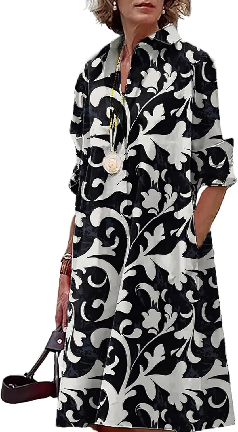 Button Down Shirt Dress for Women Floral Long Sleeve Collared A Line 2025 Summer Fashion Trendy Casual Midi Dress