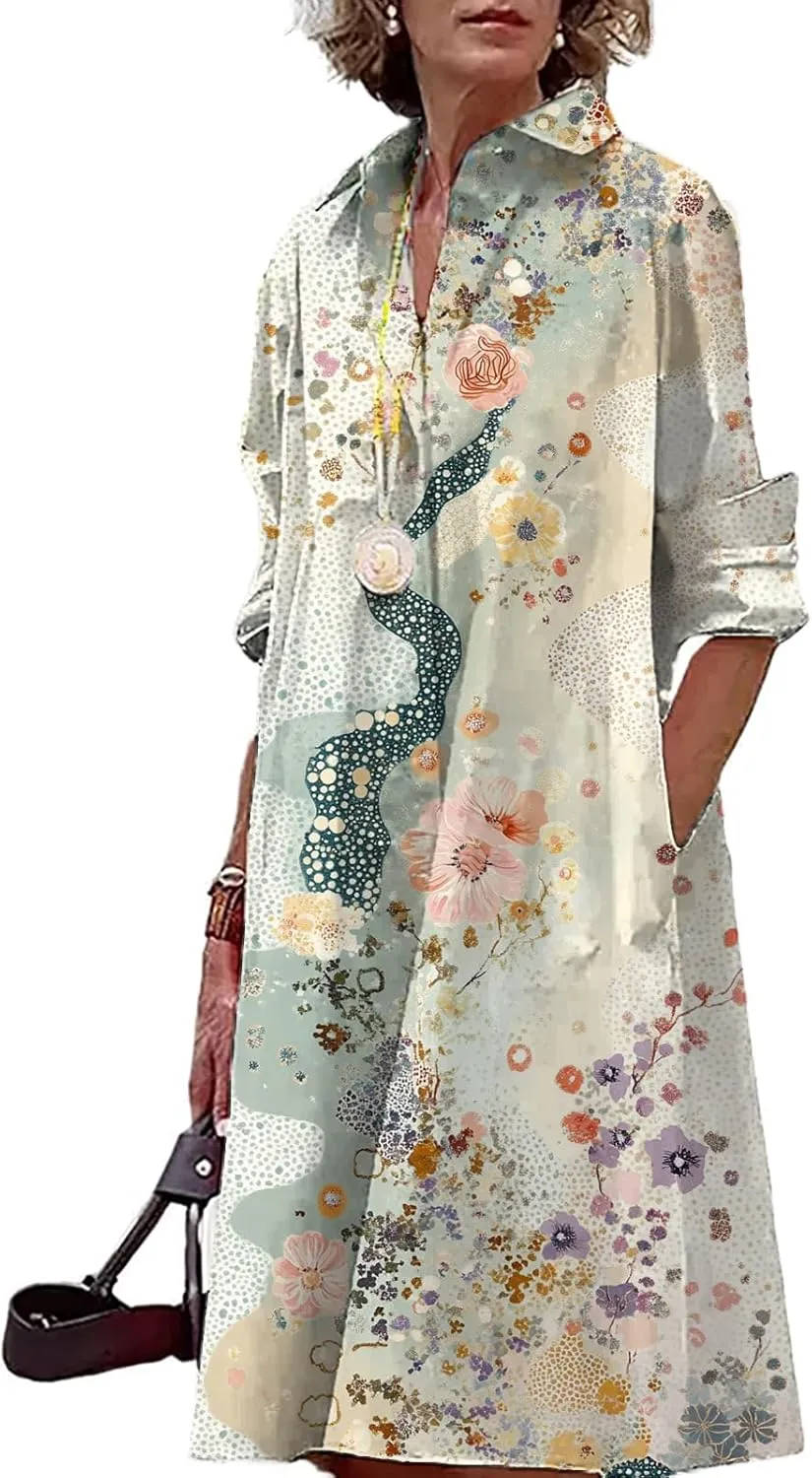 Button Down Shirt Dress for Women Floral Long Sleeve Collared A Line 2025 Summer Fashion Trendy Casual Midi Dress
