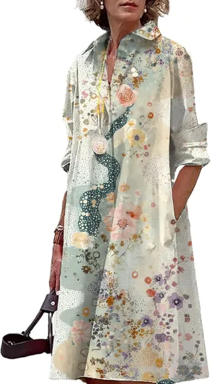 Button Down Shirt Dress for Women Floral Long Sleeve Collared A Line 2025 Summer Fashion Trendy Casual Midi Dress