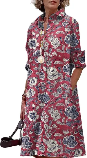 Button Down Shirt Dress for Women Floral Long Sleeve Collared A Line 2025 Summer Fashion Trendy Casual Midi Dress