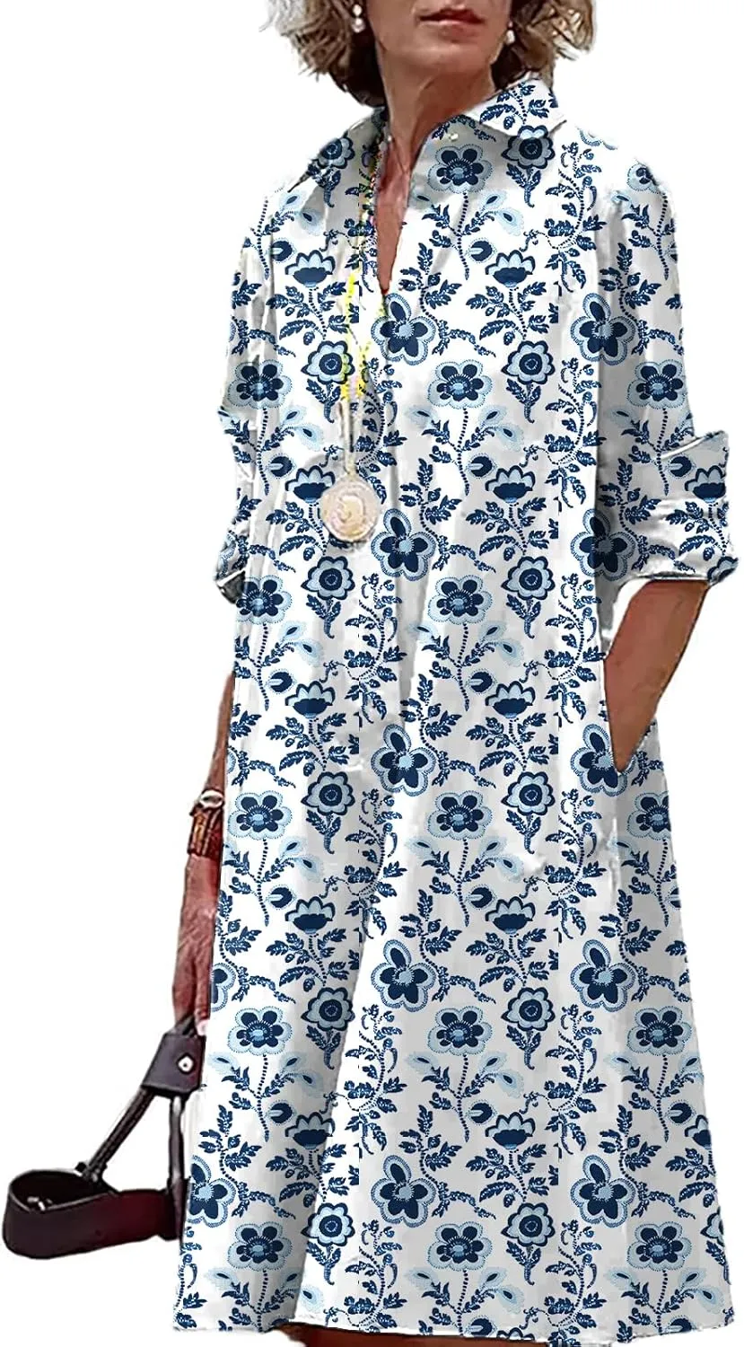 Button Down Shirt Dress for Women Floral Long Sleeve Collared A Line 2025 Summer Fashion Trendy Casual Midi Dress