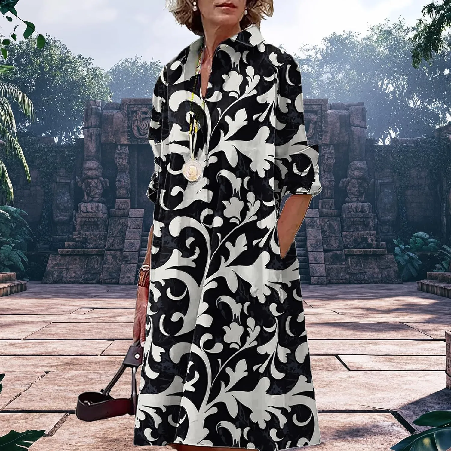Button Down Shirt Dress for Women Floral Long Sleeve Collared A Line 2025 Summer Fashion Trendy Casual Midi Dress