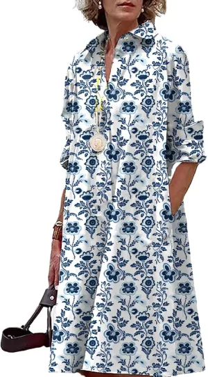 Button Down Shirt Dress for Women Floral Long Sleeve Collared A Line 2025 Summer Fashion Trendy Casual Midi Dress