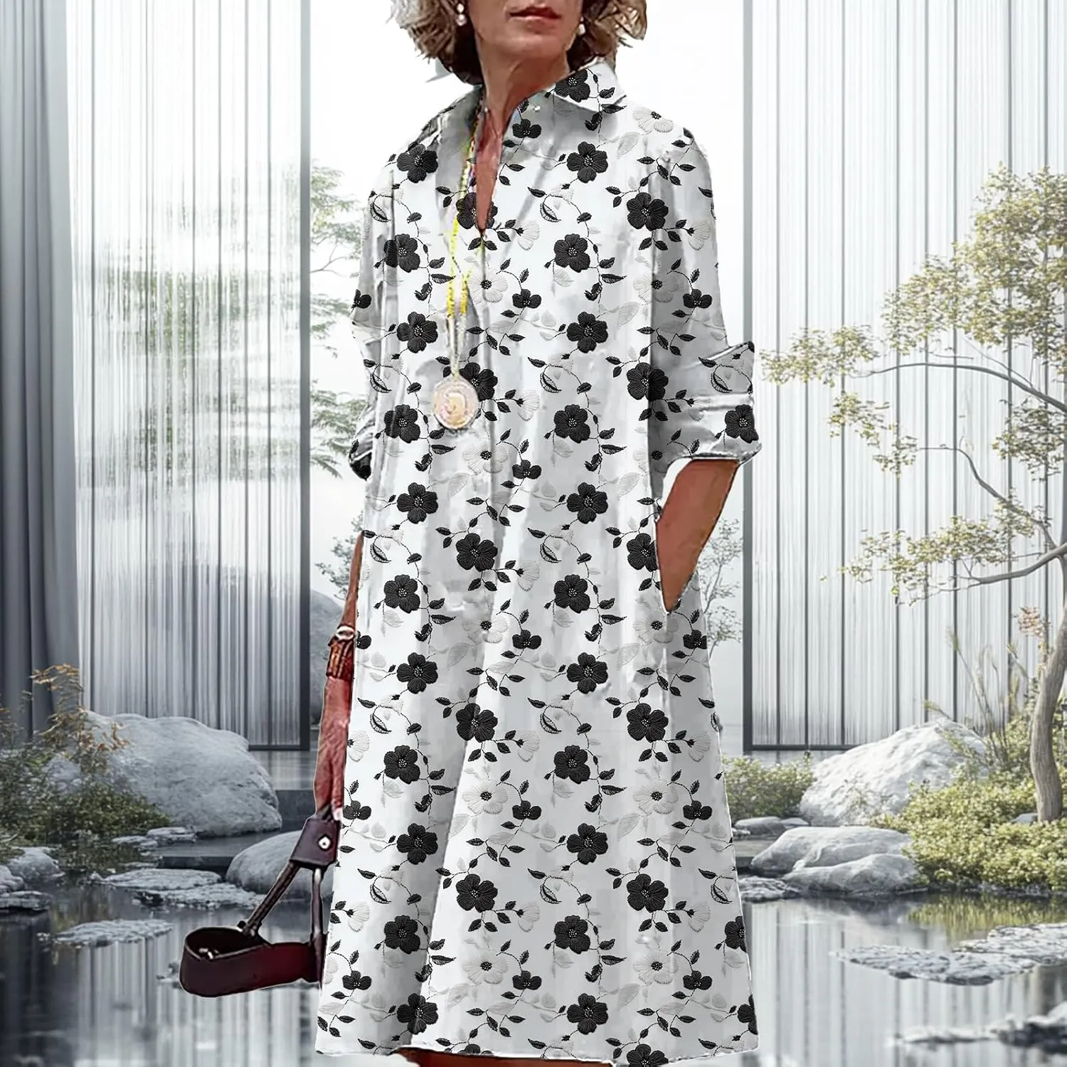 Button Down Shirt Dress for Women Floral Long Sleeve Collared A Line 2025 Summer Fashion Trendy Casual Midi Dress