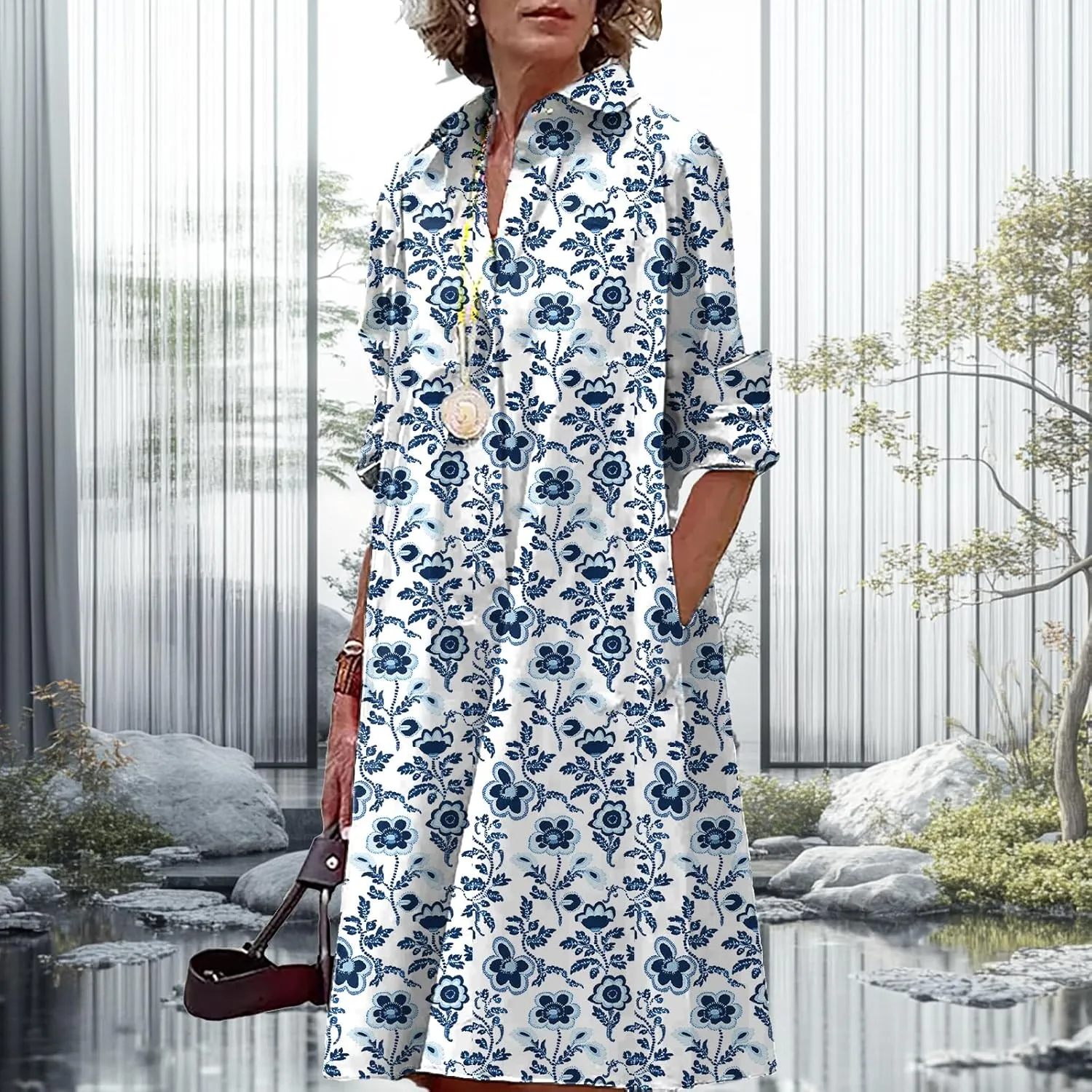 Button Down Shirt Dress for Women Floral Long Sleeve Collared A Line 2025 Summer Fashion Trendy Casual Midi Dress
