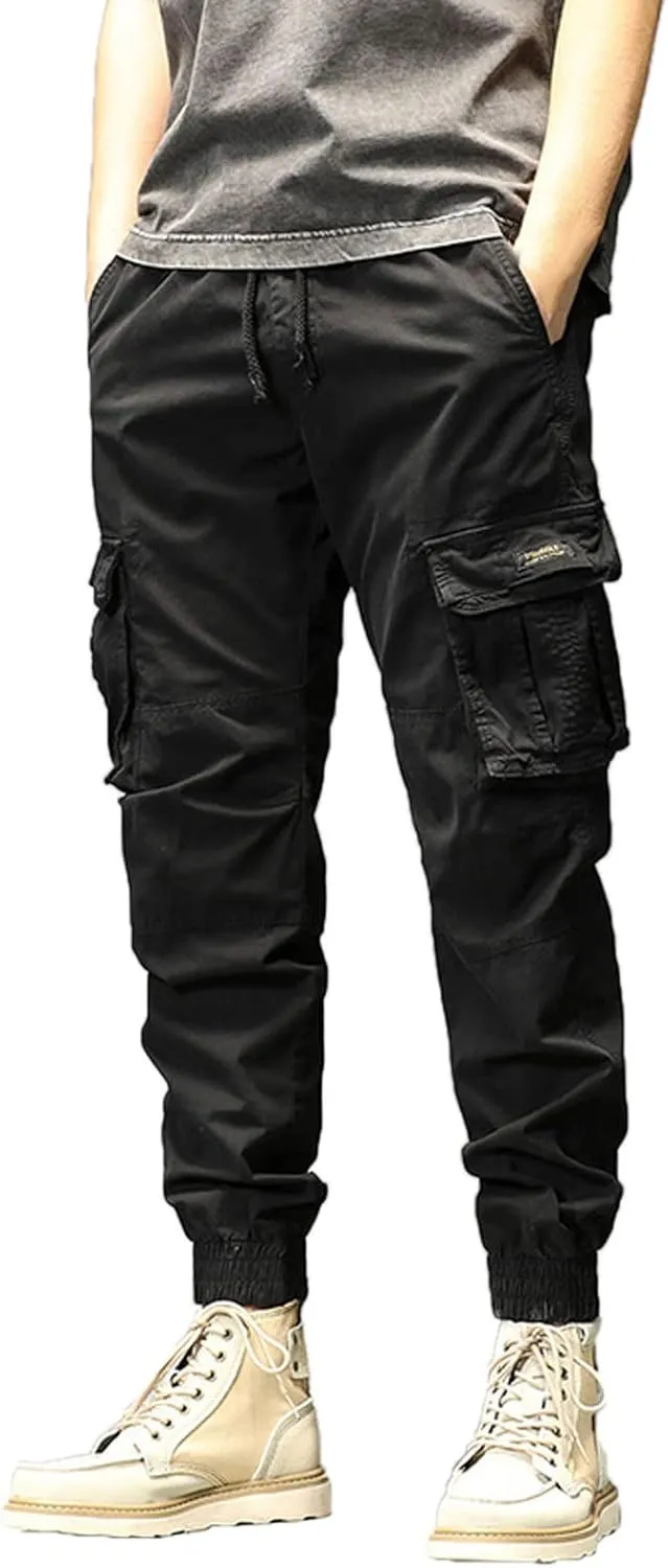 Cargo Pants for Men Big and Tall, Men's Elastic Waist Drawstring Long Pants Solid Color Pockets Casual Loose Trousers