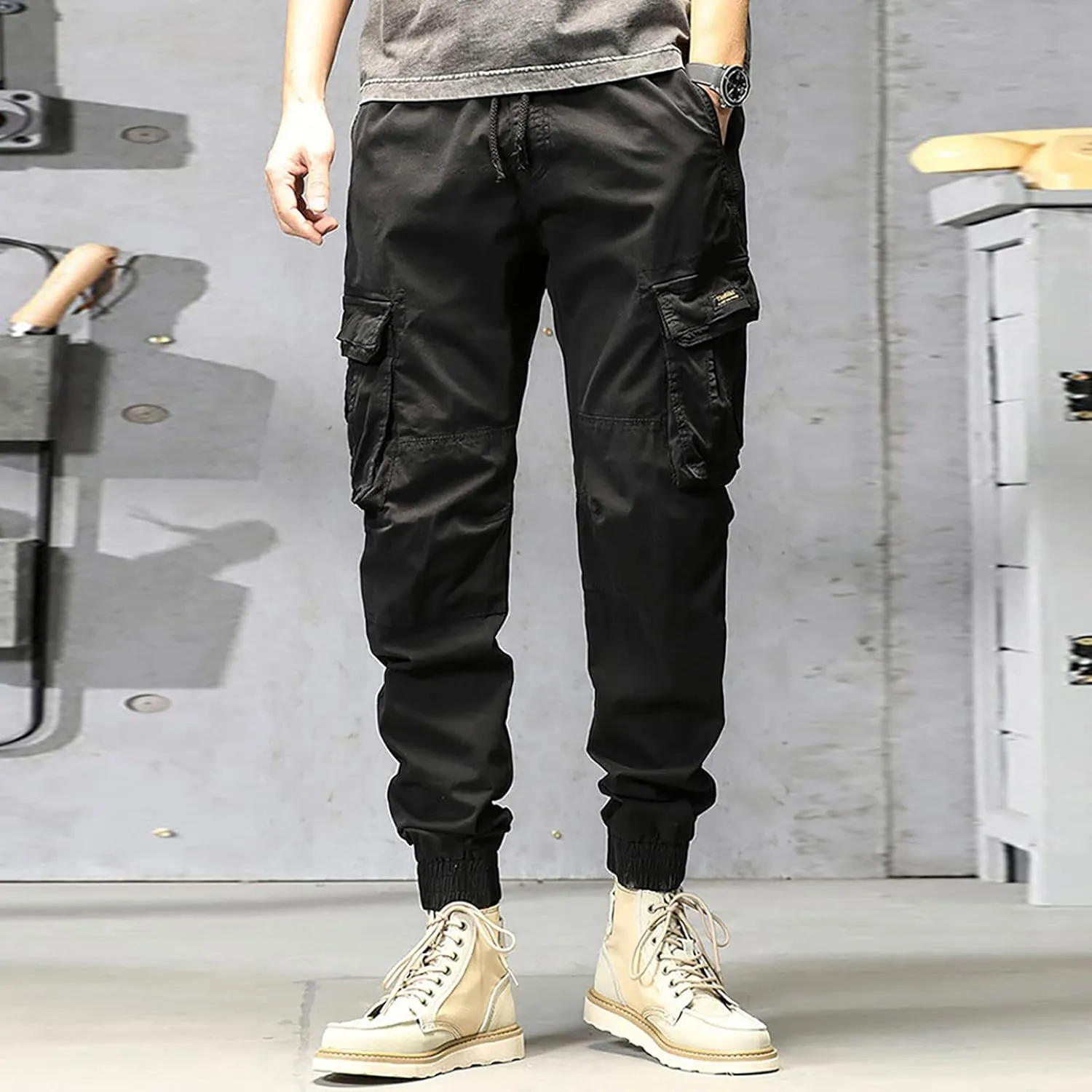 Cargo Pants for Men Big and Tall, Men's Elastic Waist Drawstring Long Pants Solid Color Pockets Casual Loose Trousers