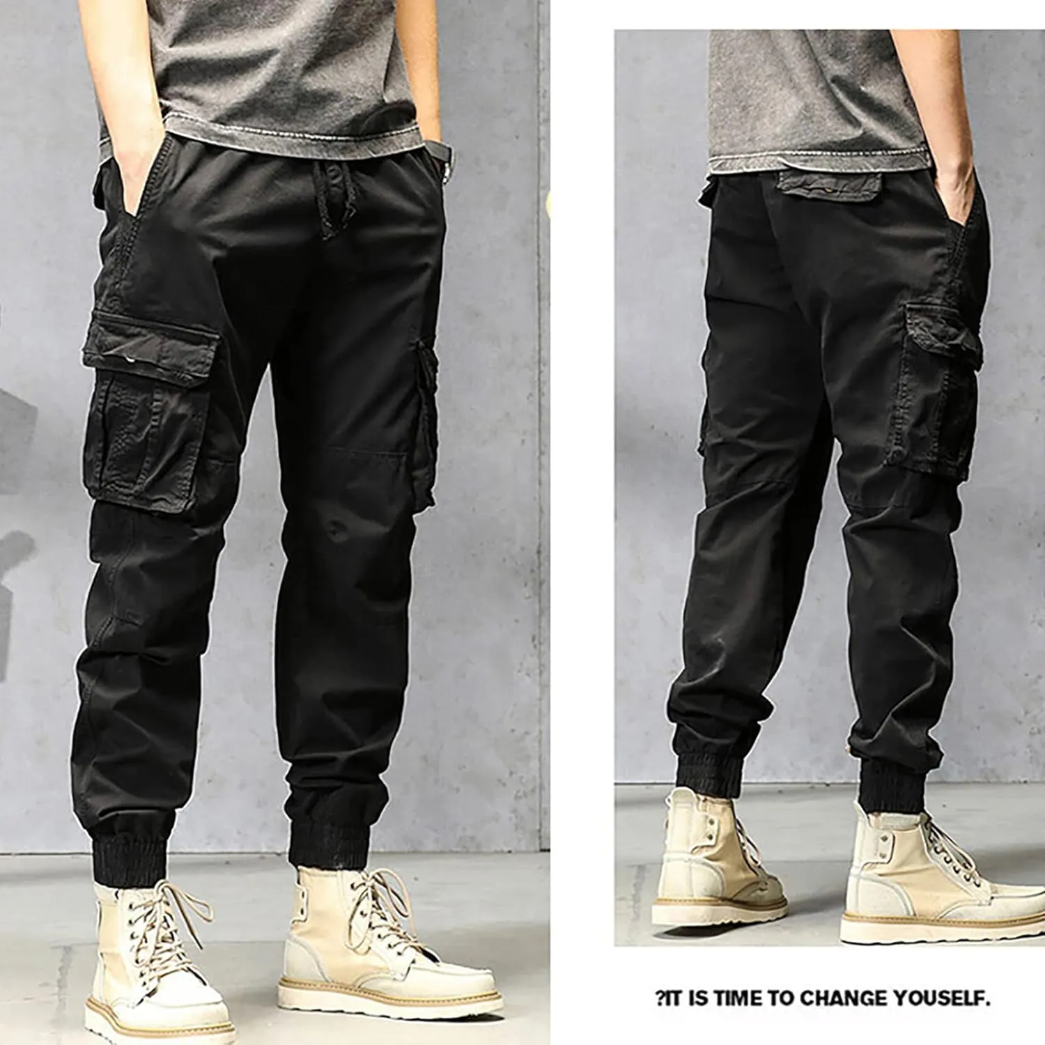 Cargo Pants for Men Big and Tall, Men's Elastic Waist Drawstring Long Pants Solid Color Pockets Casual Loose Trousers