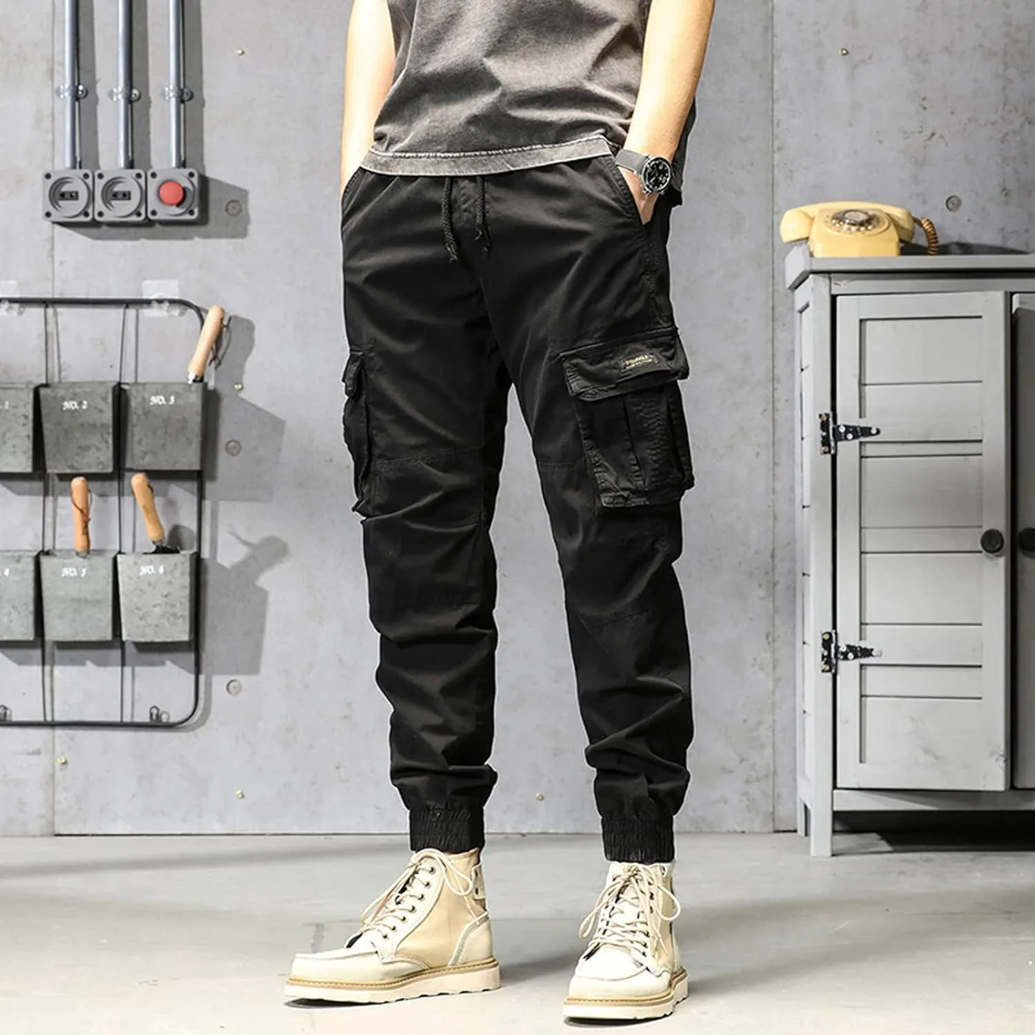 Cargo Pants for Men Big and Tall, Men's Elastic Waist Drawstring Long Pants Solid Color Pockets Casual Loose Trousers