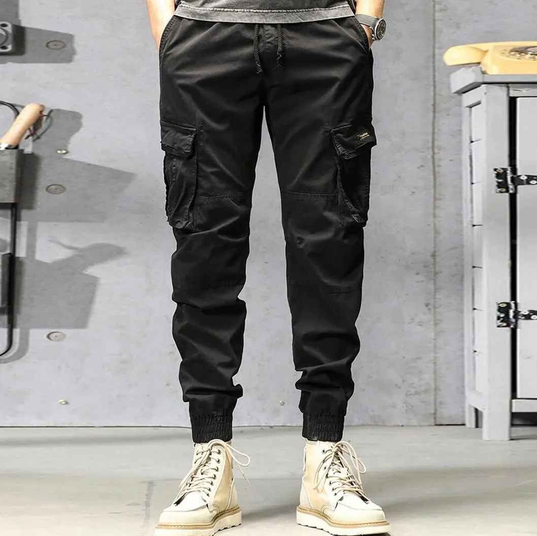 Cargo Pants for Men Big and Tall, Men's Elastic Waist Drawstring Long Pants Solid Color Pockets Casual Loose Trousers