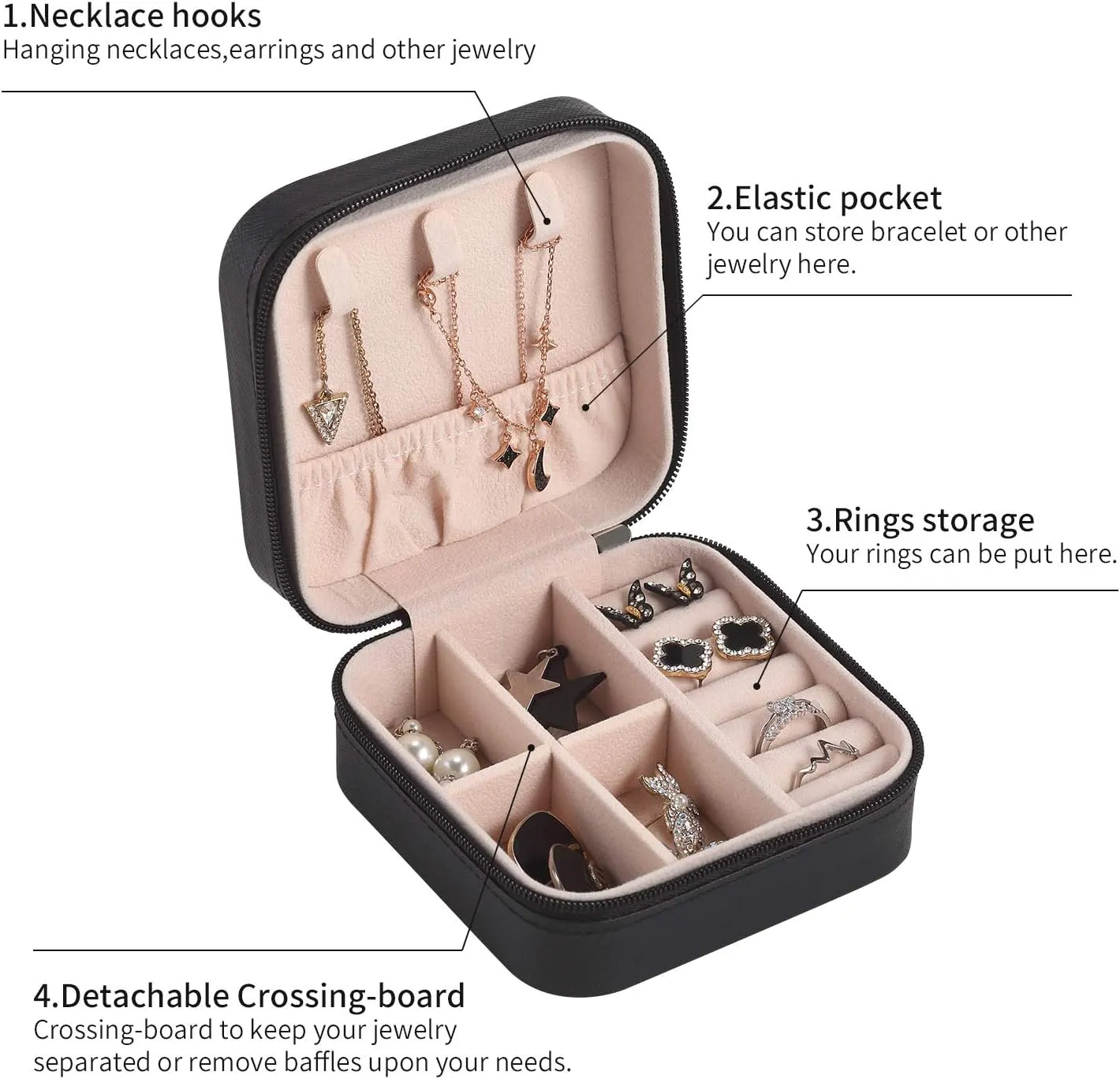 CASEGRACE Travel Jewelry Case, Small Jewelry Box Portable Jewelry Travel Organizer Display Storage Case for Rings Earring Necklace Bracelet, Gift for Women Girls, Black