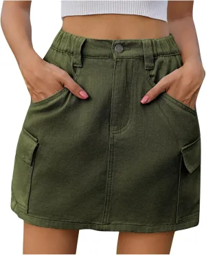 Casual Cargo Denim Skirt for Women High Waisted Jean Skirts Button Up Zipper Elastic Skirt Stretchy Elastic Skirts