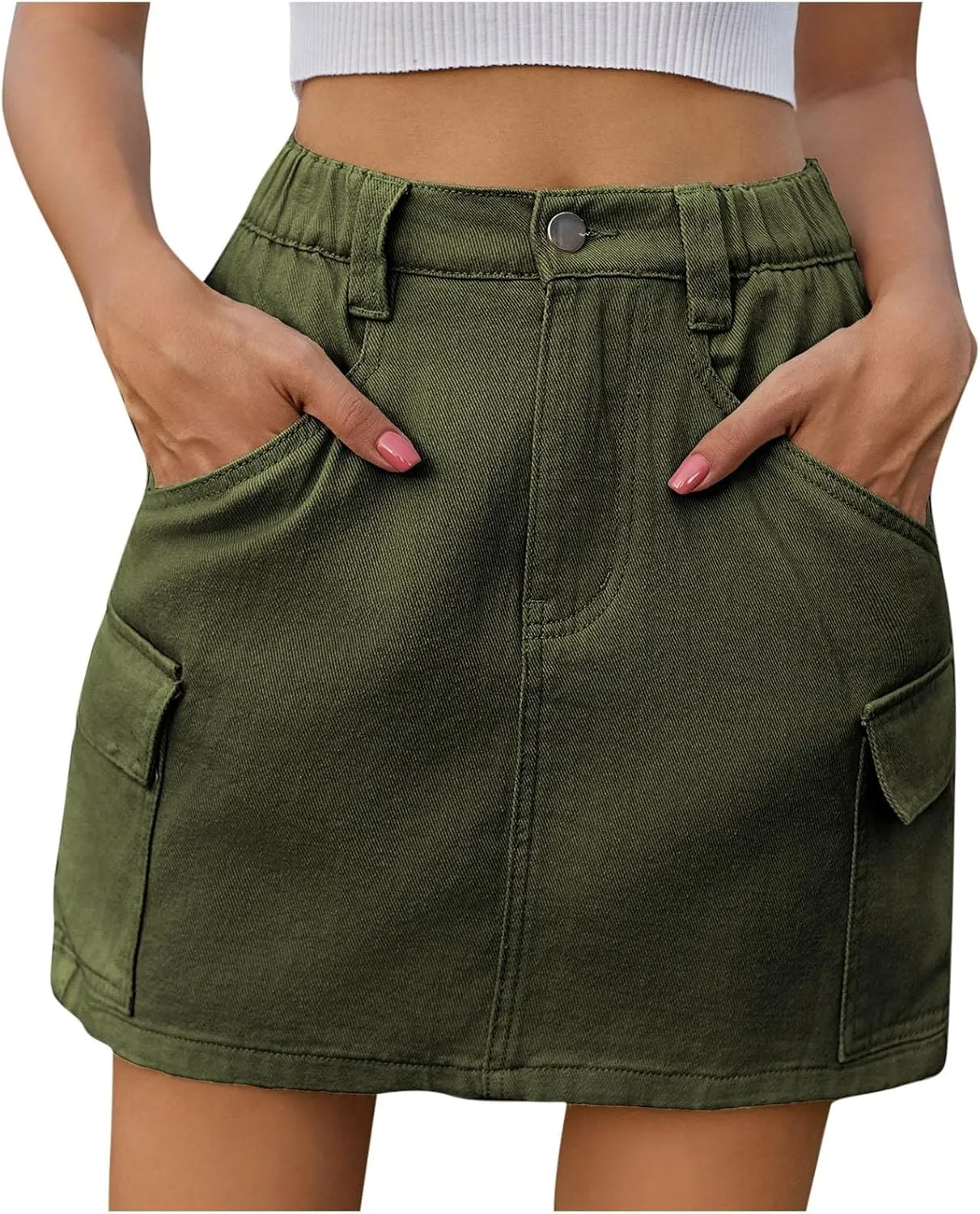 Casual Cargo Denim Skirt for Women High Waisted Jean Skirts Button Up Zipper Elastic Skirt Stretchy Elastic Skirts