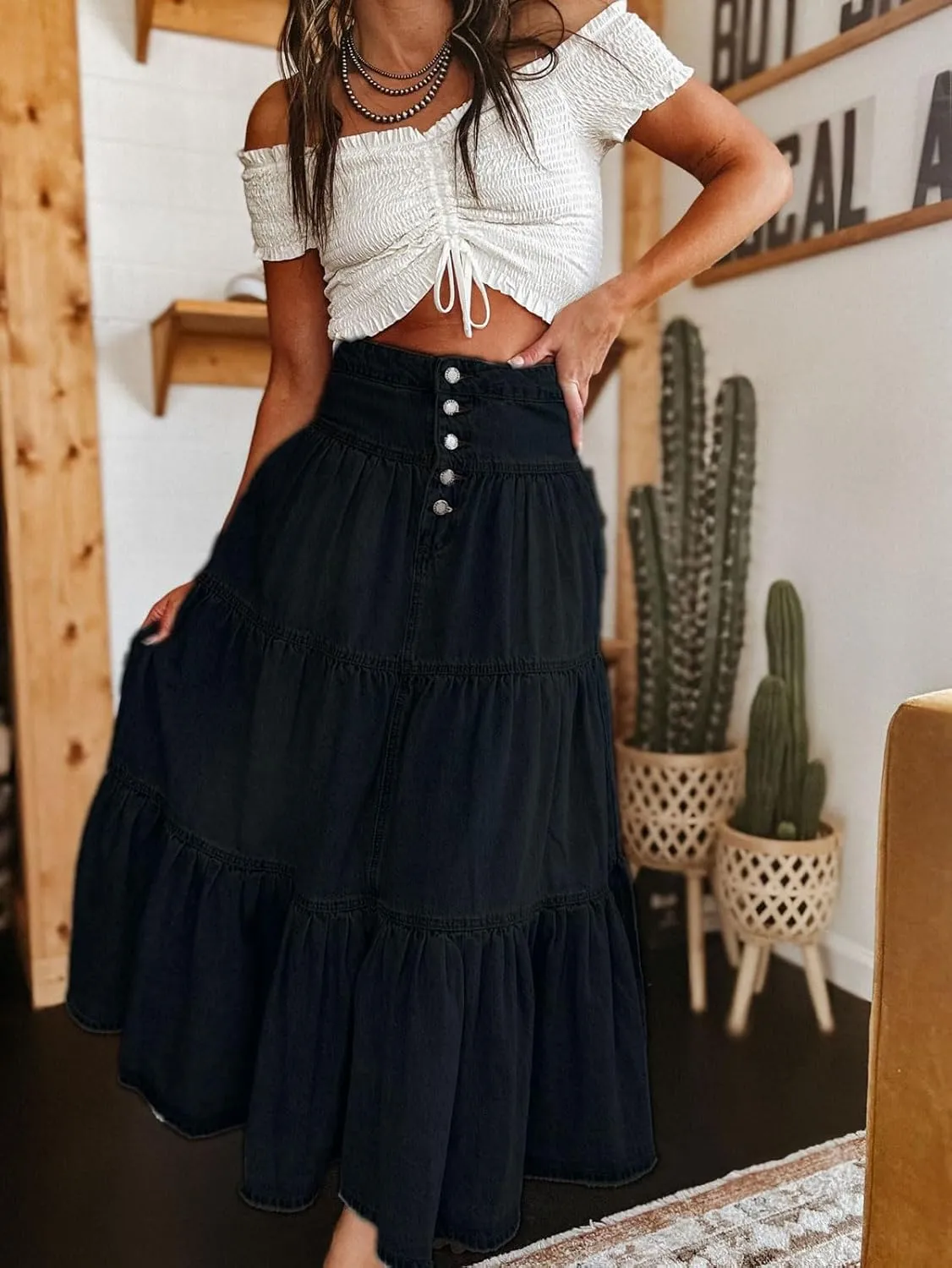 CHARTOU Women's High Waist Tiered Denim Maxi Skirt Ruffle Buttons Flowy Boho Pleated Long Jean Skirts