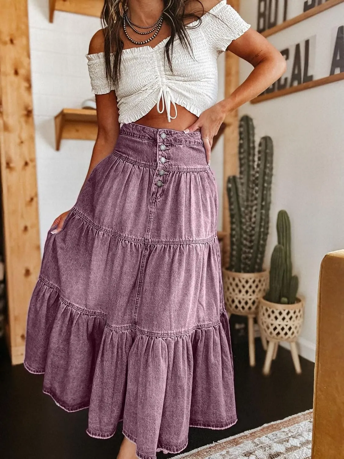 CHARTOU Women's High Waist Tiered Denim Maxi Skirt Ruffle Buttons Flowy Boho Pleated Long Jean Skirts