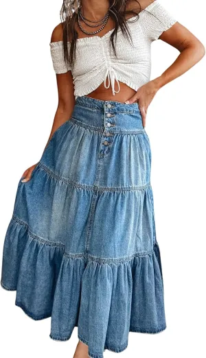 CHARTOU Women's High Waist Tiered Denim Maxi Skirt Ruffle Buttons Flowy Boho Pleated Long Jean Skirts