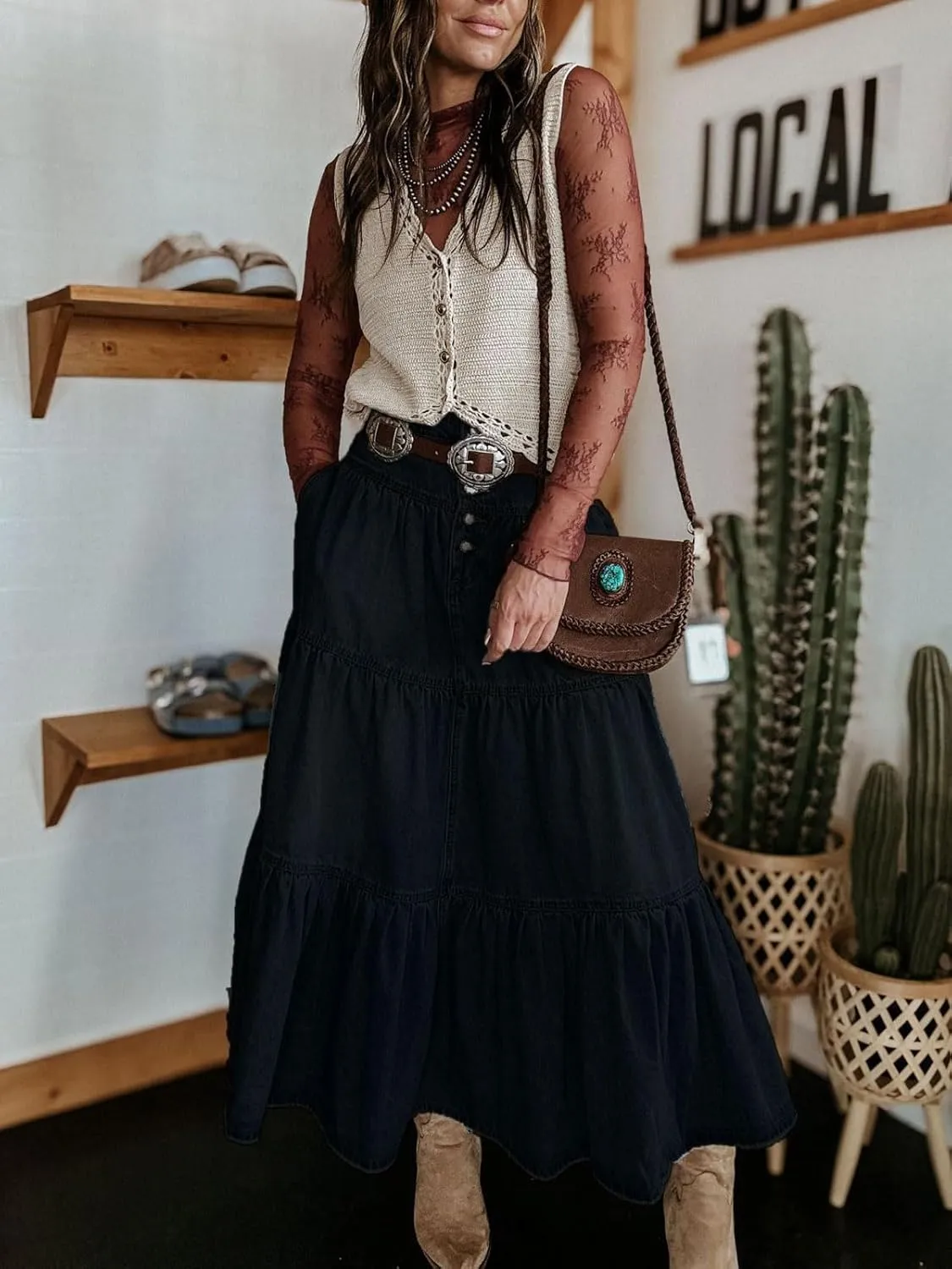 CHARTOU Women's High Waist Tiered Denim Maxi Skirt Ruffle Buttons Flowy Boho Pleated Long Jean Skirts