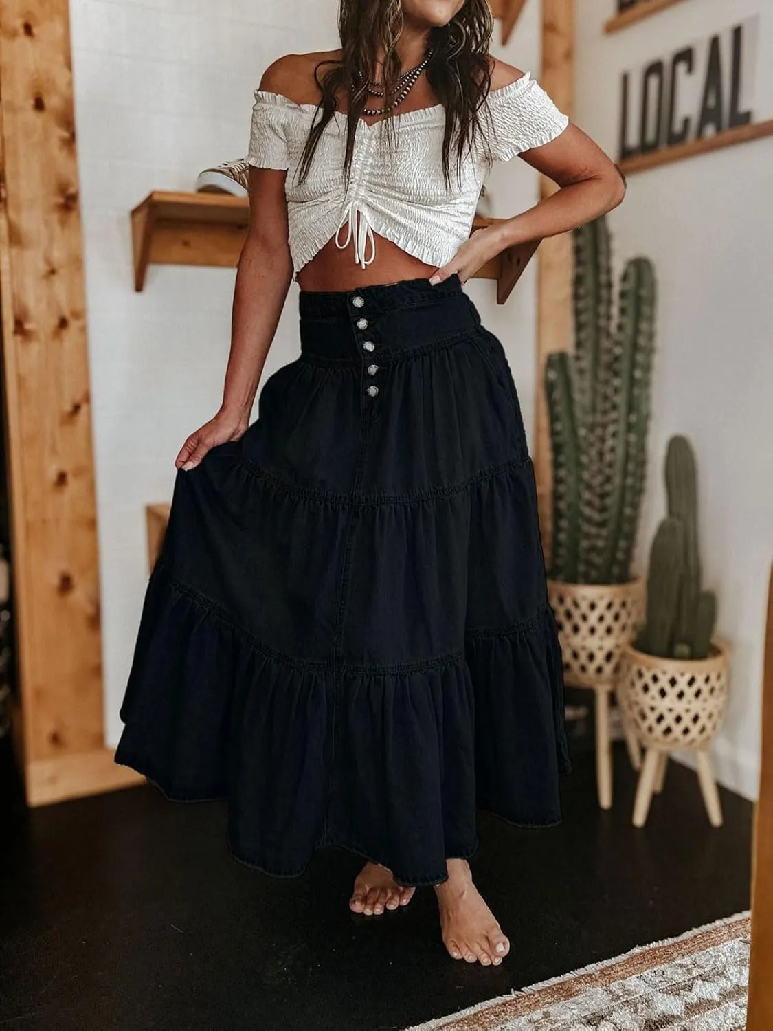 CHARTOU Women's High Waist Tiered Denim Maxi Skirt Ruffle Buttons Flowy Boho Pleated Long Jean Skirts