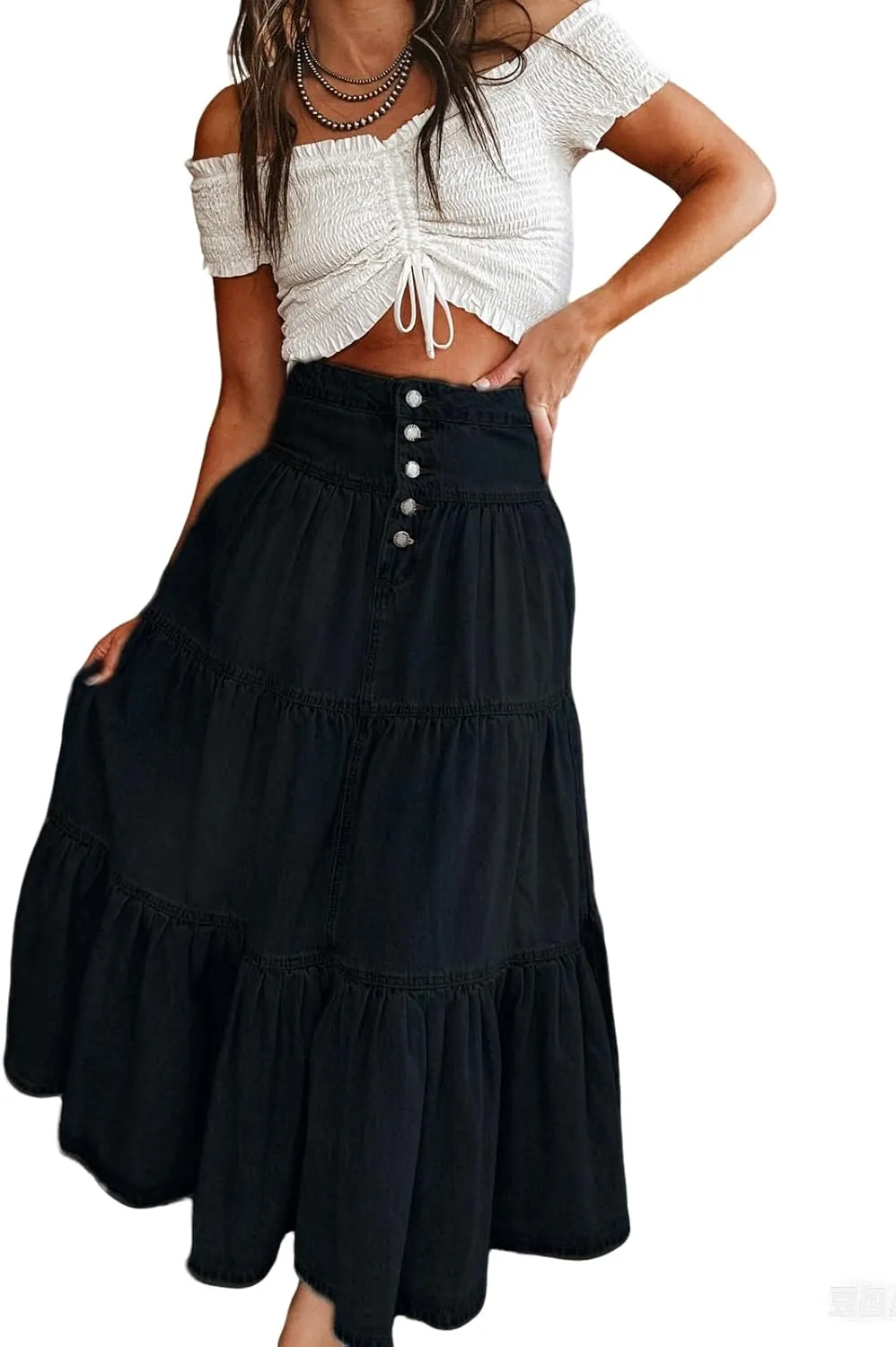 CHARTOU Women's High Waist Tiered Denim Maxi Skirt Ruffle Buttons Flowy Boho Pleated Long Jean Skirts