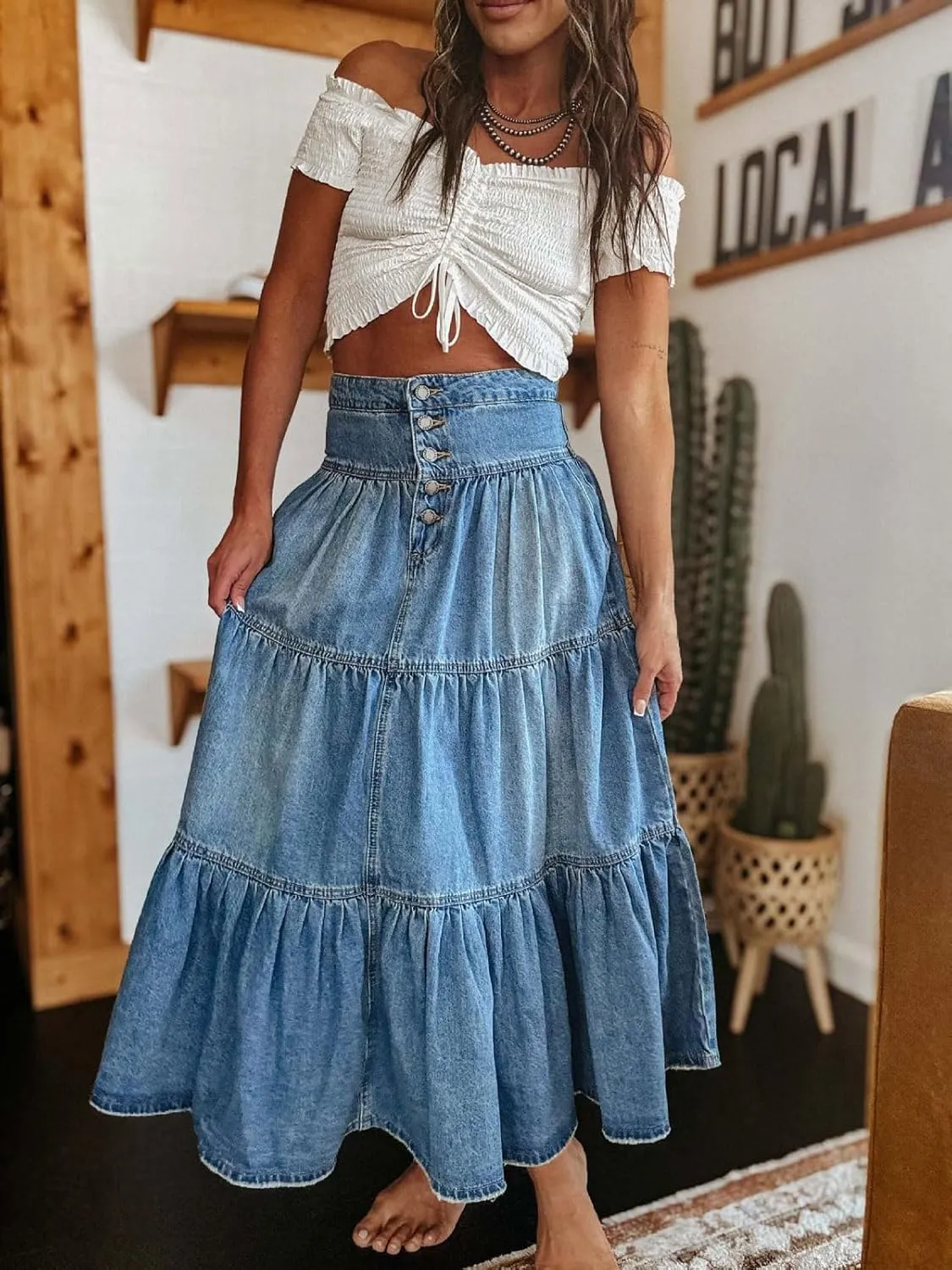 CHARTOU Women's High Waist Tiered Denim Maxi Skirt Ruffle Buttons Flowy Boho Pleated Long Jean Skirts