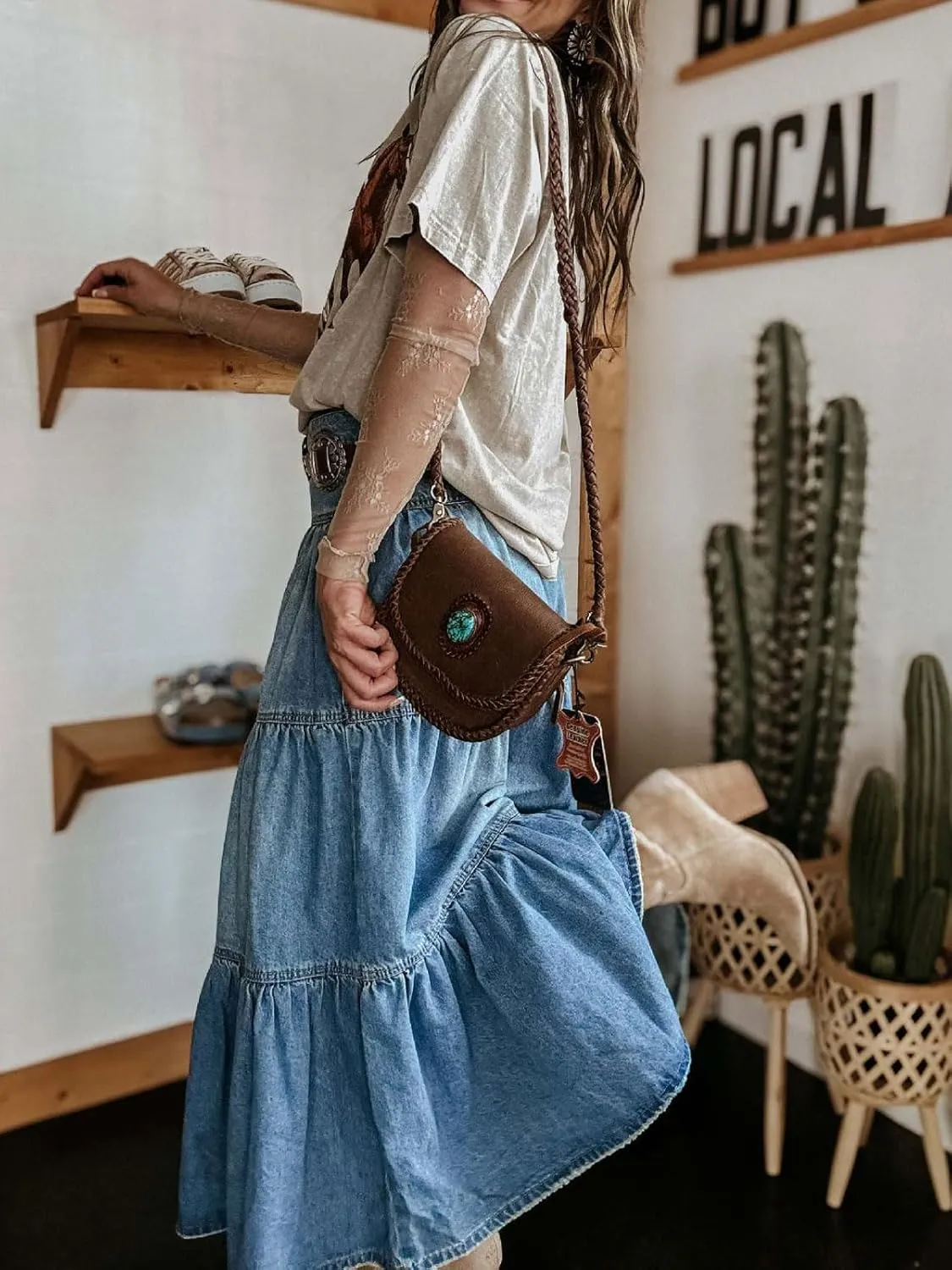 CHARTOU Women's High Waist Tiered Denim Maxi Skirt Ruffle Buttons Flowy Boho Pleated Long Jean Skirts