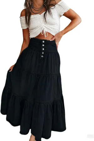 CHARTOU Women's High Waist Tiered Denim Maxi Skirt Ruffle Buttons Flowy Boho Pleated Long Jean Skirts
