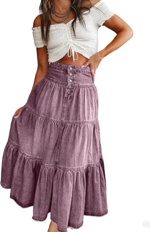 CHARTOU Women's High Waist Tiered Denim Maxi Skirt Ruffle Buttons Flowy Boho Pleated Long Jean Skirts